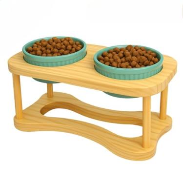 Imagem de Comedouro Duplo Elevado para Gatos 320ml - Comedouro Pet em Porcelana e Madeira com 2 Potinhos(Verde)