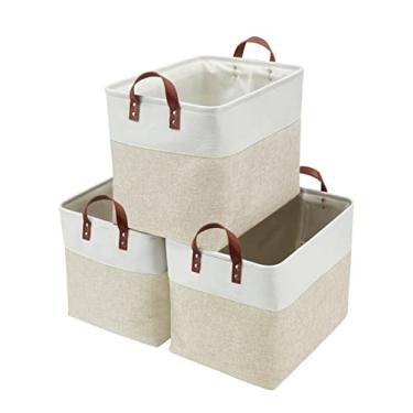 Imagem de DECOMOMO Grande Cesta De Armazenamento | Caixas De Armazenamento De Armário 17X12X13 Polegadas Cesta De Tecido Para Armazenamento De Roupas Para Brinquedos De Berçário Pano De Linho (Cinza E Branco,
