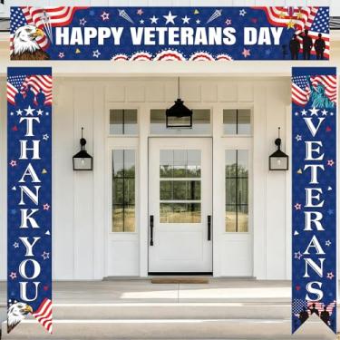 Imagem de 3 peças de decoração de dia dos veteranos, capa de cerca feliz dia dos veteranos pendurada placa de agradecimento veteranos varanda para decoração de festa de veteranos suprimentos internos e externos