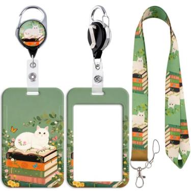 Imagem de Porta-crachá de livro verde com cordão de gato branco retrátil com clipe para chaveiro com suporte de identidade, protetor de cartão de nome para mulheres, professoras e enfermeiras