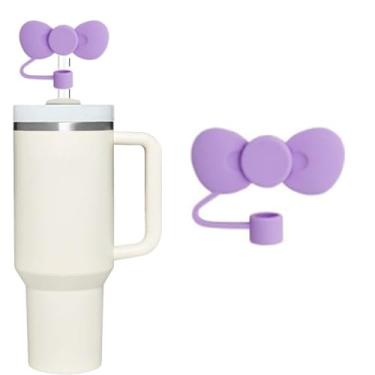 Imagem de Capa de palha de silicone com laço roxo para tampas de palha de 10 mm para acessórios de copos Stanley, bonito topo de palha para copos tampa de palha para tampas de ponta de canudos reutilizáveis