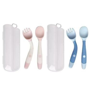 Imagem de Conjunto de garfo e colher de treinamento com caixa de refeição, cabeça dobrável, colher de comida complementar, utensílios de mesa independentes, 2 peças