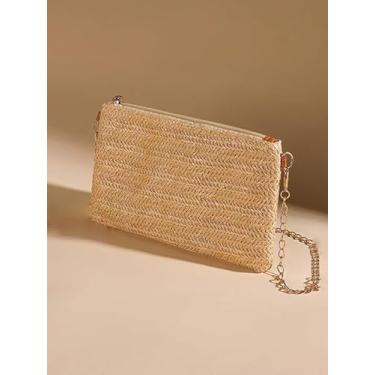 Imagem de Palha - Bolsa de mão transversal de tecido, design de alça de corrente leve para passeios diários, compras e roupas casuais combinando, Damasco, Tendência