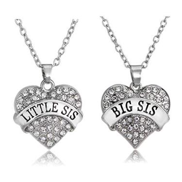 Imagem de 2 colares Big Sis Little Sis, presente de irmã, colar com pingente de coração para irmãs, presente de aniversário de Natal para irmãs, One Size, Strass, Sem Pedra Preciosa