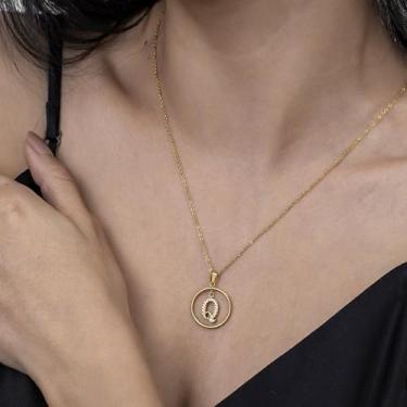 Imagem de Colar de strass com inicial A-Z - Joias delicadas com pingente circular com corrente ajustável, colar de alfabeto personalizado para mulheres,, F, Aço inoxidável, Sem Pedra Preciosa