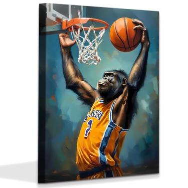 Imagem de Pôster de arte de parede de basquete com arte emoldurada de animais engraçados, pintura de gorilas de graffiti para decoração de parede de quarto de meninos de escritório - Conjunto de 3 (30,5 x 40,6