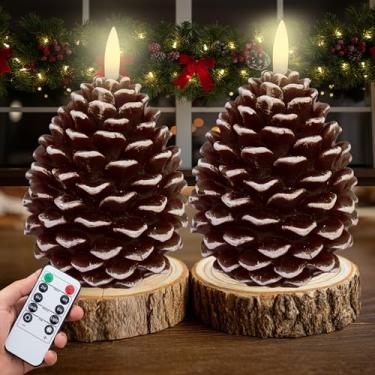 Imagem de AXYLEX Velas de pinho operadas a pilha, pinhas com controle remoto e temporizador, vela cintilante LED sem chama para decoração de Natal. H 14 cm, pacote com 2 (branco-marrom)