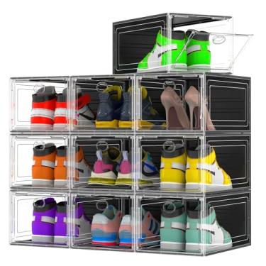 Imagem de Pacote com 10 organizadores grandes de sapatos rígidos para tamanho 14, organizador de caixa de armazenamento empilhável modular de plástico transparente para armário, caixa de armazenamento para