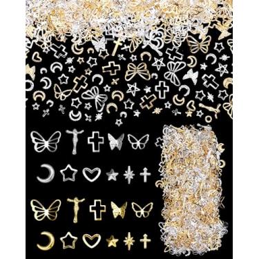 Imagem de 800 peças de pingentes de unha de rebite de ouro prateado, cruzes de borboleta, estrela, lua, coração, pregos artísticos, rebites, várias formas, acessórios de joias para arte de unhas DIY