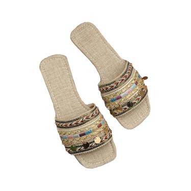 Imagem de Sandália feminina Boho trançada de bico quadrado sem cadarço para o verão, Bege, 35