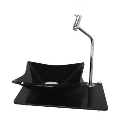 Imagem de Kit cuba de vidro quadrada 10mm com tampo 40cm preto full e suporte cr