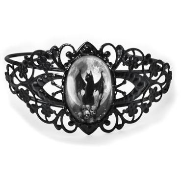 Imagem de Pulseira de filigrana de gato preto alado - Gótico Horror Halloween lua cheia, bronze antigo prata ou preto, joia de vidro vintage estilo vitoriano feito à mão - 930-CB, Adjustable, Vidro, Sem Pedra