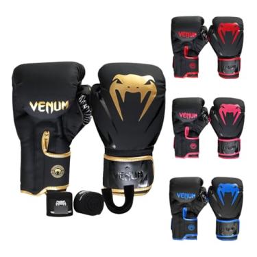 Imagem de Kit Luva de Boxe Muay Thai Profissional + Bandagem + Protetor Bucal Para Treino Competição MMA Ve num (Dourado, 12oz)