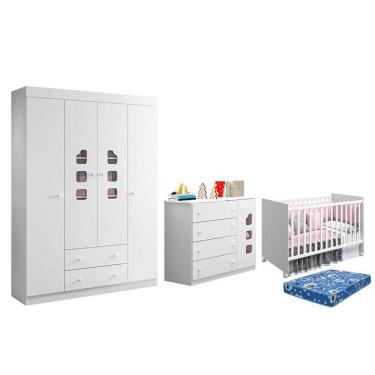Imagem de Dormitório Lívia Guarda Roupa, Cômoda E Berço Mel Branco Com Colchão Physical - Phoenix Baby Branco
