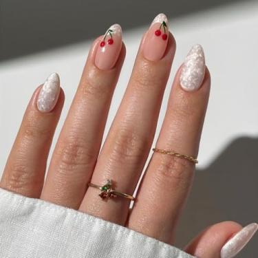 Imagem de Unhas de pressão curtas médias de amêndoa francesa, cola falsa, com design fofo de cereja, cobertura completa, bastão falso artificial em unhas de acrílico para mulheres, 24 peças