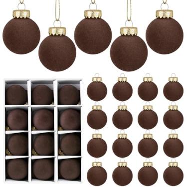 Imagem de 24 peças de bolas de Natal de veludo flocadas para pendurar na árvore de Natal, decoração de casa (marrom, 8 cm)