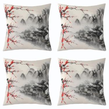 Imagem de jejeloiu Conjunto de 4 capas de almofada de flores de cerejeira vermelha estilo pintura a tinta chinesa, capa de almofada romântica para sofá, sofá, inverno, floral, para quarto de crianças, meninos