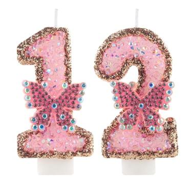 Imagem de Vela rosa de 12 anos número 12 velas de glitter de borboleta de diamante decorações de topo de bolo para meninas, mulheres, aniversário, casamento, festa de aniversário