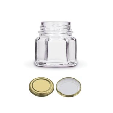 Imagem de Kit com 200 x Pote de Vidro Sextavado 40ml com Tampa Dourada | Ideal para Vela, Lembrancinhas, Mel, Geleia, Temperos e Conservas