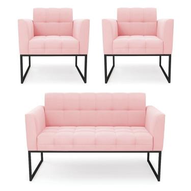 Imagem de Kit 1 Sofá Namoradeira E 2 Poltronas Elisa Suede Rosa Bebê Base Metálica Industrial Preto - D'rossi
