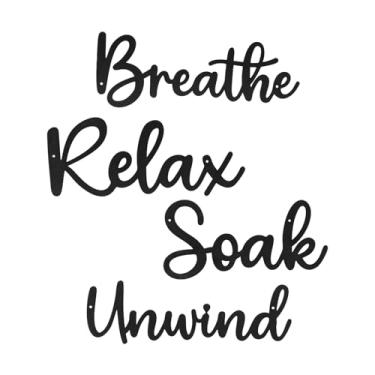 Imagem de Sanwarm 4 peças de decoração de parede moderna de metal, decoração de arte de parede preta Breathe Relax Soak Unwind Fresh Hollow Sign Minimalista aconchegante decoração para casa de banho sala de