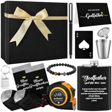 Imagem de 11 peças de presente de pedido de padrinho Will You Be My Godfather Inclui cantil pulseira chaveiros meias cartões caneta fita métrica funil caixa para Deus pai tio de afilhado batismo dia dos pais