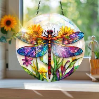 Imagem de Acrílico colorido Suncatcher, apanhador de sol estilo vitral impresso libélula com reflexos de arco-íris, decoração de janela suspensa, decoração de parede, ornamentos de Natal para uso interno e