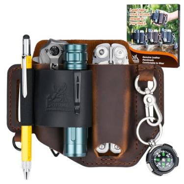 Imagem de FLYHOMES Bainha multiferramentas de couro genuíno | Organizador de cinto EDC costurado à mão para Leatherman Surge | Lanterna, Coldre de faca, caneta e bolsa de ferramentas | Marrom escuro + Preto