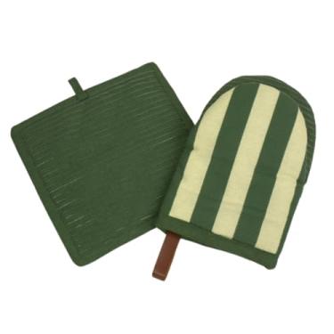Imagem de Folkulture Conjunto de mini luvas de forno e suporte de panela resistente ao calor | Conjunto de 2 luvas de forno curtas verdes com laço para pendurar | Luvas de forno 100% algodão | Luvas de cozinha