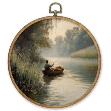 Imagem de CGBHW Decoração de arte de parede redonda de pescadores, impressão em tela emoldurada de barco a remo na lagoa, decoração de parede com paisagem de lago Cottagecore para decoração de casa, galeria