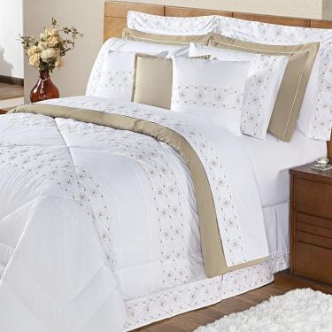 Imagem de Edredom + Jogo De Cama 200 Fios Damasco King 15 Peças 100% Poliéster - Branco/bege