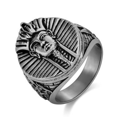 Imagem de JIPSJICI Anel masculino de aço inoxidável com sinete egípcio faraó rei TUT anéis pirâmide declaração joias, Metal, Sem Pedra Preciosa