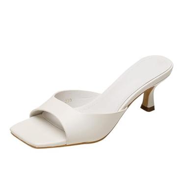 Imagem de ZGHNP Sandália feminina de salto gatinho com bico aberto quadrada, sexy, sem cadarço, salto stiletto, mules, casual, festa, formatura, dança, vestido, Branco, 34