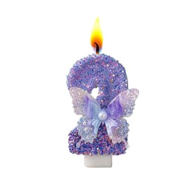 Imagem de Velas com números de aniversário, borboleta roxa, velas de aniversário para bolo, topo de bolo com número de glitter com lantejoulas para artigos de festa de casamento de aniversário (número 2)