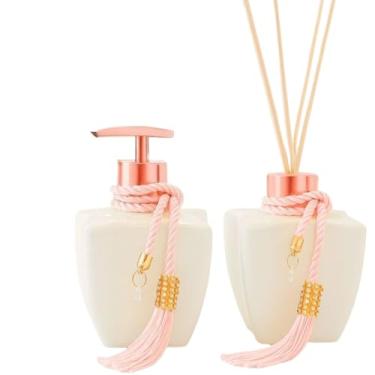 Imagem de Kit Vidros Lavabo Branco Luxo C/Enfeite Difusor E Sabonete(Rose)