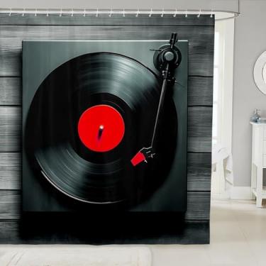 Imagem de Erosebridal Conjuntos de cortina de chuveiro de banheiro com tema musical CD de tecido de disco 183 cm L x 213 cm C, cortina de chuveiro com impressão de instrumento musical, música jazz para casa de