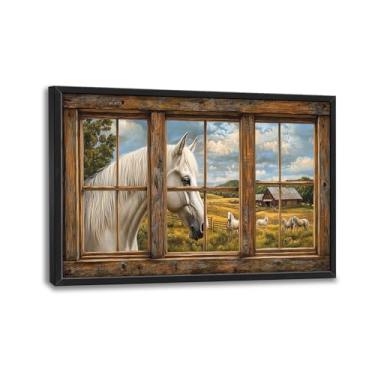 Imagem de Arte de parede de cavalo, decoração de parede de imagens de cavalos na janela, pintura de impressão em tela rústica rústica, grande arte emoldurada moderna para sala de estar, quarto, banheiro