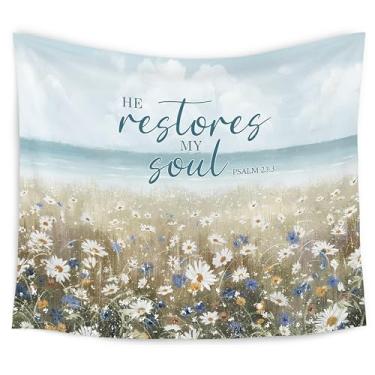 Imagem de WARDOS Tapeçaria cristã costeira, He Restores My Soul Bible Verse Tapeçaria para parede, Margarida Flower Field Religious Scripture Wall Blanket Decor for Home Beach Bedroom Cabine, 127 x 152 cm