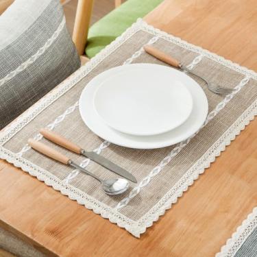 Imagem de Jogo americano de tecido conjunto de 2 tapetes de mesa naturais de camada dupla boho listrado com renda resistente ao calor tapetes antiderrapantes para mesa de cozinha, ambientes internos e externos