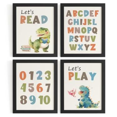 Imagem de WXHUM Conjunto de 4 impressões de arte de parede para decoração de sala de leitura de berçário de dinossauro, números ABC do alfabeto 1 a 10 Vamos ler, pôsteres para quarto de crianças, sala de jogos