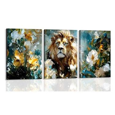 Imagem de 3 peças de arte de parede em tela floral de leão, foco real de leão, flores douradas, branco cremoso, fundo verde-petróleo, mistura artística, pinturas da natureza, impressões, pôsteres, fotos