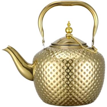 Imagem de Chaleira de chá elegante 2L em aço inoxidável dourado, infusor incluído, artesanato martelado com bico curvo