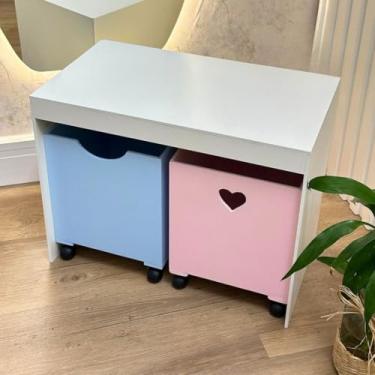 Imagem de Organizador de Brinquedos 2 Gavetas com Rodas MDF 54x41x30cm - Cesto Organizador Multiuso Infantil(Rosa/Azul)