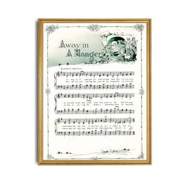 Imagem de Christmas Carol Sheet Music Wall Art – Away in a Manger Vintage Hymn Impressão em tela, pôster rústico de férias para sala de estar ou quarto decoração de casa de fazenda 20 x 30 cm sem moldura