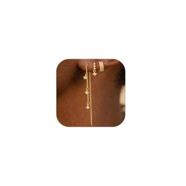 Imagem de Conjunto de brincos de corrente de ouro delicado para mulheres (3 pares) - Pingente longo hipoalergênico banhado a ouro 14K, argola empilhável e joia de zircônia cúbica, 3-Pair, Latão, Sem pedra