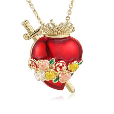 Imagem de AsAlways Colar de coração feminino delicado Samll banhado a ouro 14K vermelho amor coração pingente colar joia presente, Latão, Sem Pedra Preciosa