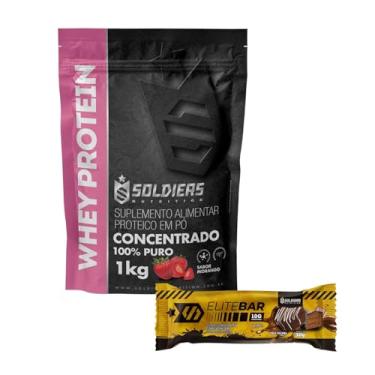 Imagem de Kit: Whey Protein 1Kg Morango + Barrinha Elitebar Pão de Mel 30g Soldiers Nutrition