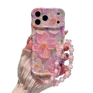 Imagem de Pretaco Capa ondulada para iPhone 17 Air, moldura de proteção encaracolada, estampa floral de pintura a óleo brilhante vintage, com linda corrente de contas para grils e mulheres (rosa)