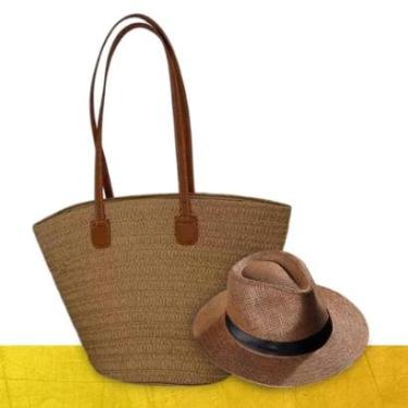 Imagem de Kit Chapéu Palha ABA MÉDIA + Bolsa GOLD Tote Alça Grande Praia Feminino-Feminino
