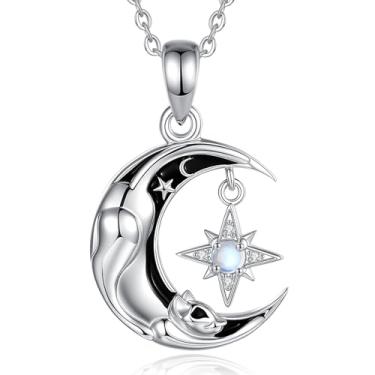 Imagem de EUDORA Colar de prata esterlina S925 fofo gato gatinho lua estrela com pedra da lua para mulheres, gatinho fofo, lua, estrela, pingente de pedra da lua, joias presentes para mulheres amantes de gatos